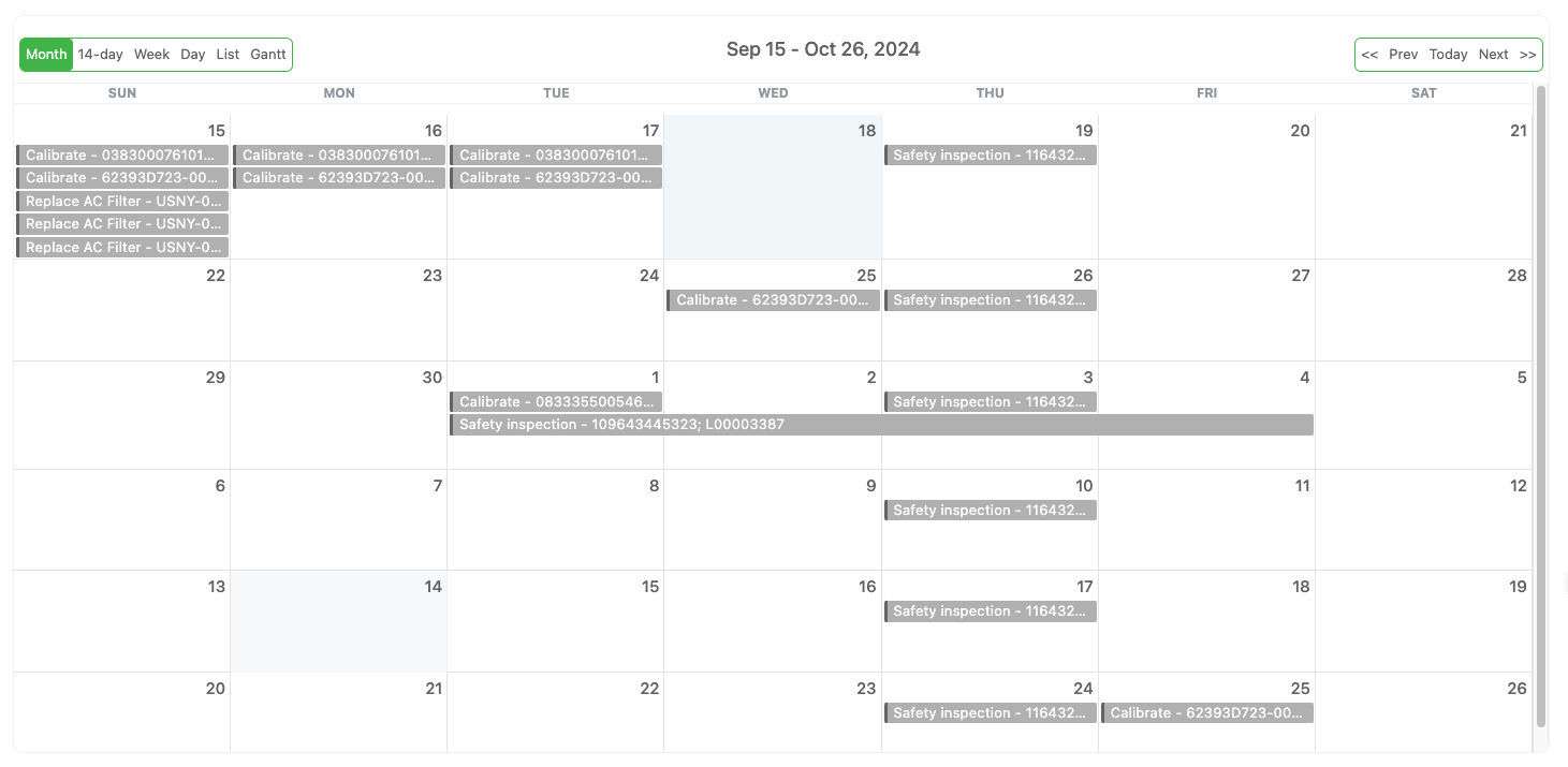 Calendar showing preventative maintenance dates